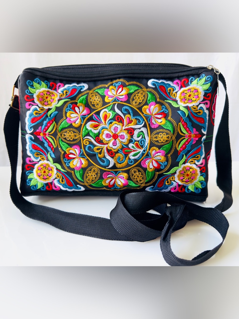 Brand New, Never Used, Multi-Color, Embroidered 3 Compartment Crossbody Bag - Picture 1 of 8